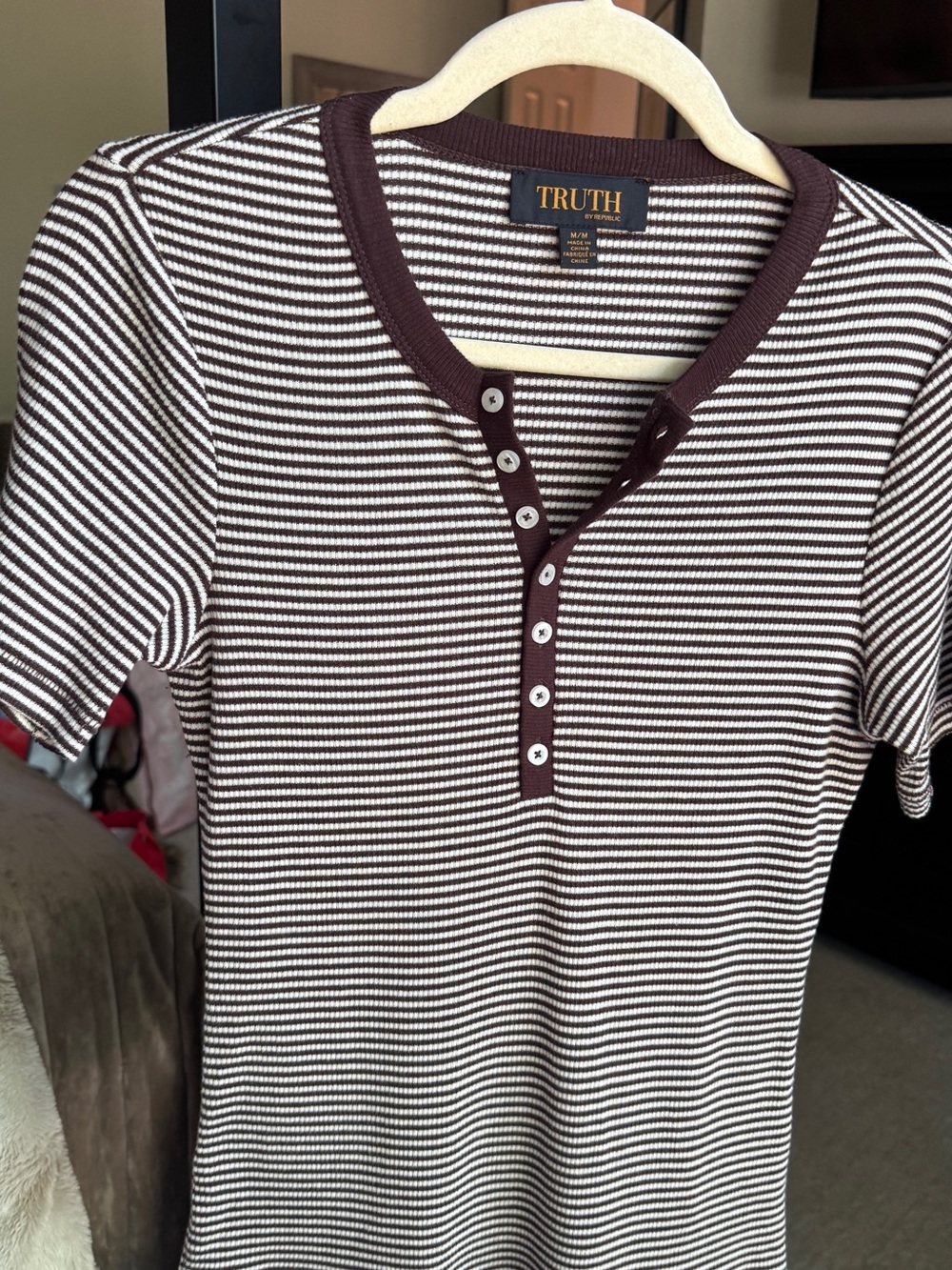 Truth Brown and White Striped Henley Tee - Picture 5 of 6